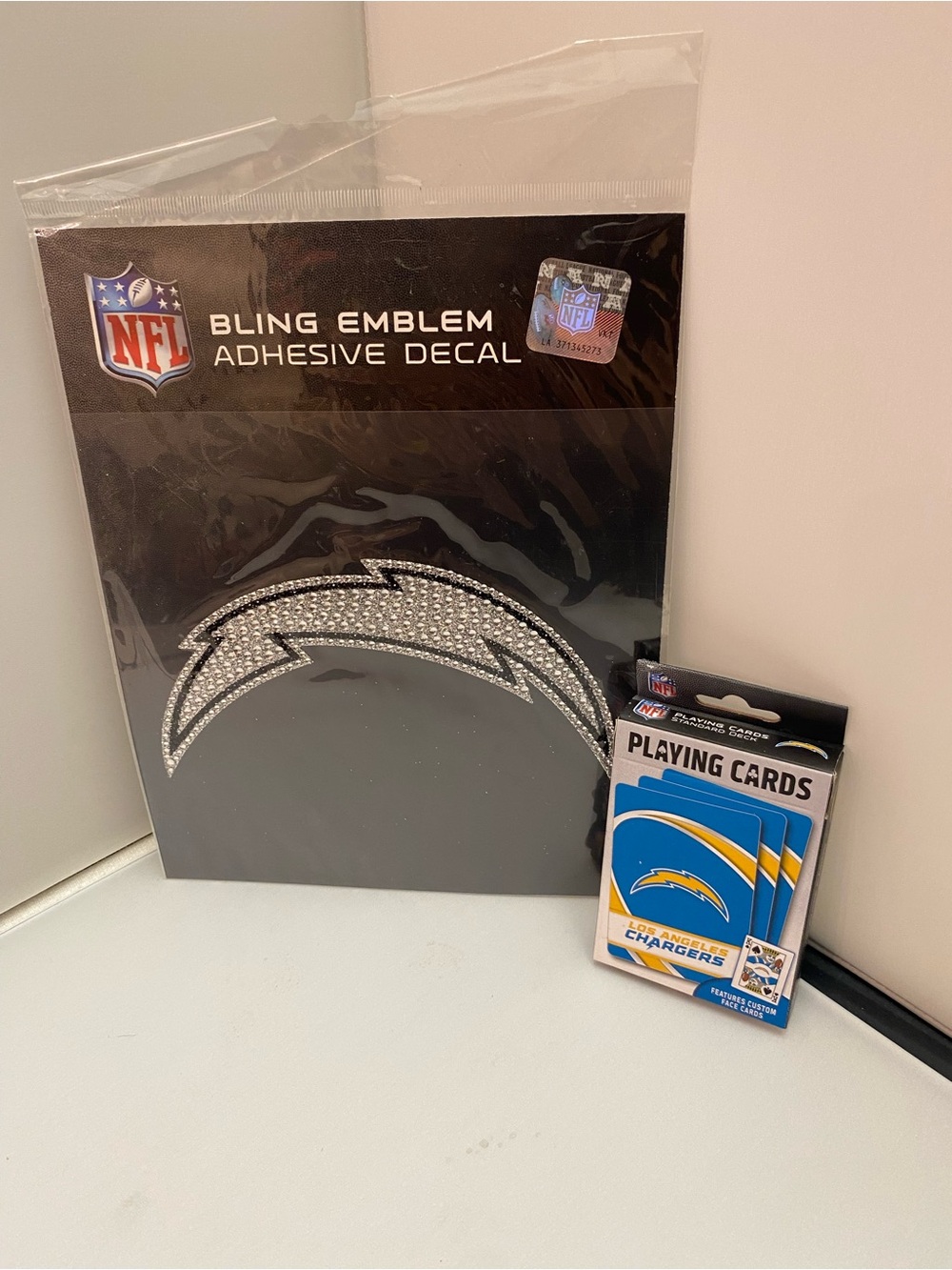 NFL Los Angeles Chargers Silver & Blue Bling Emblem + Playing Cards Set bundle